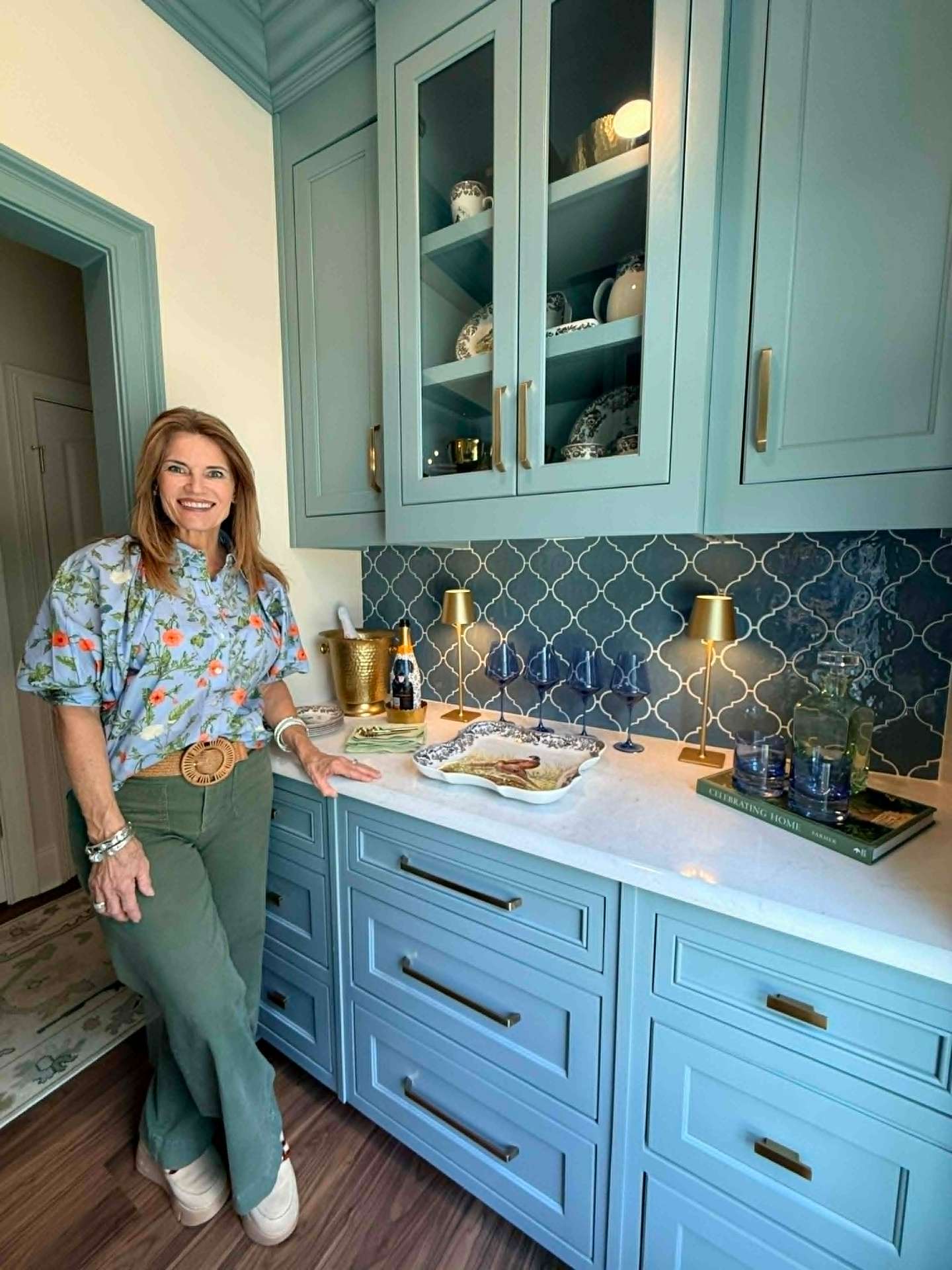 A custom butler's pantry in deep aqua